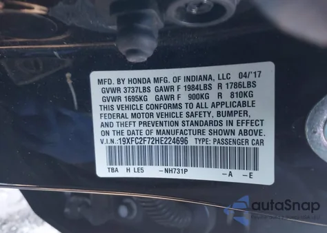 2017 Honda Civic Ex from USA, damaged, VIN 19XFC2F72HE224696